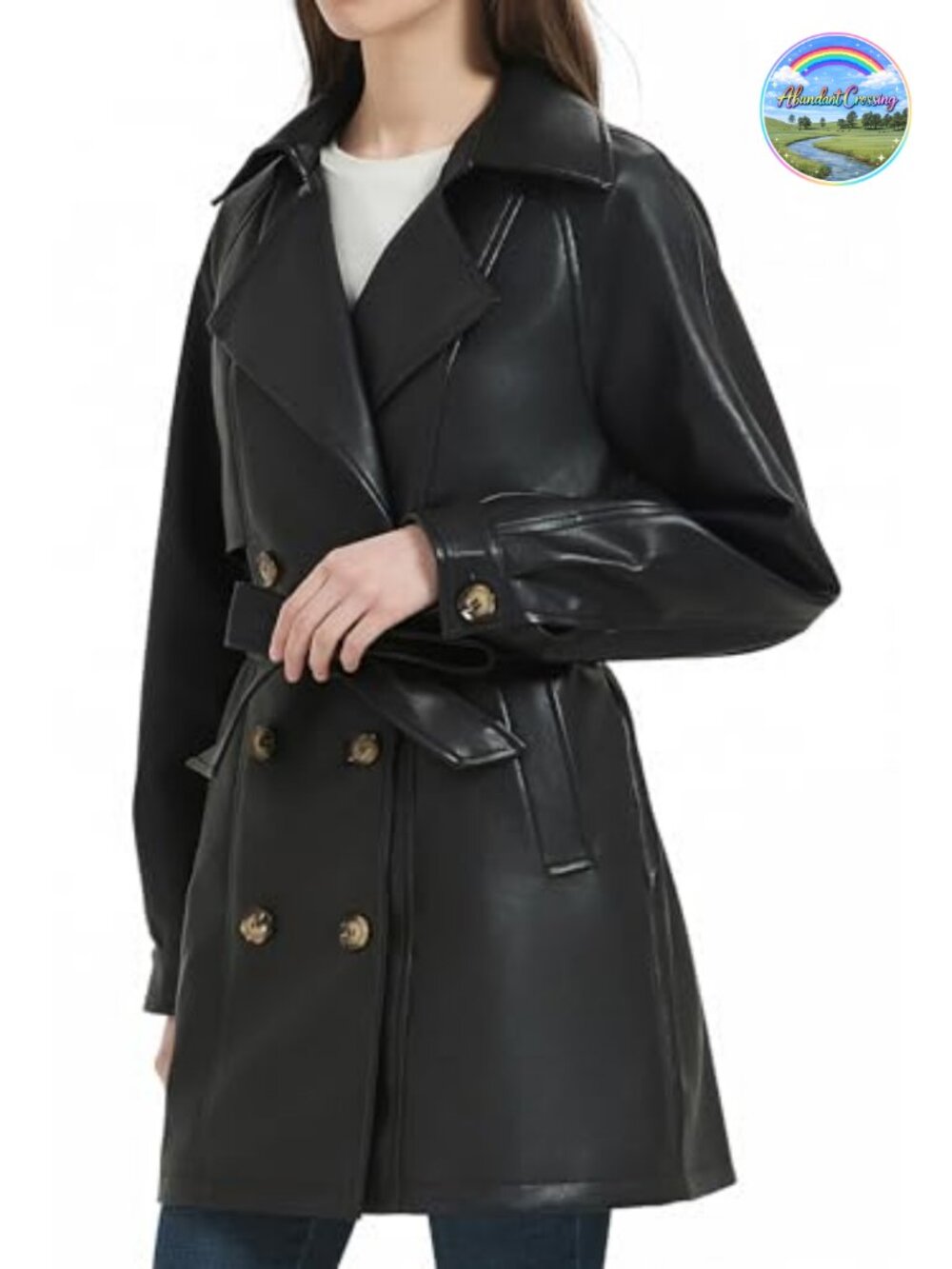 Faux Leather Trench Coat Mid Length Relaxed Fit Double Breasted